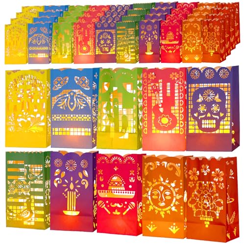 Sayglossy 50 Pieces Dia De Los Muertos Luminary Bags Decorations, Halloween Day of the Dead Candle Goodie Bags Flame Resistant Multicolor for Mexican Fiesta Party Altar Supplies Gift Diwali Favors