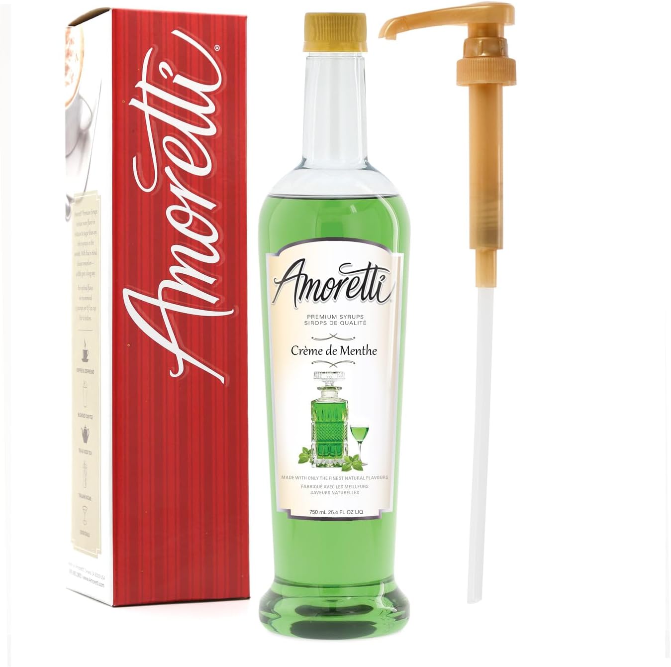 Amoretti - Premium Creme De Menthe Syrup, 94 Servings Per Bottle (750 ml), with Pump for Flavoring Coffees, Cocktails, and other Beverages, Gluten Free, GMO/GEO Free, Preservative Free
