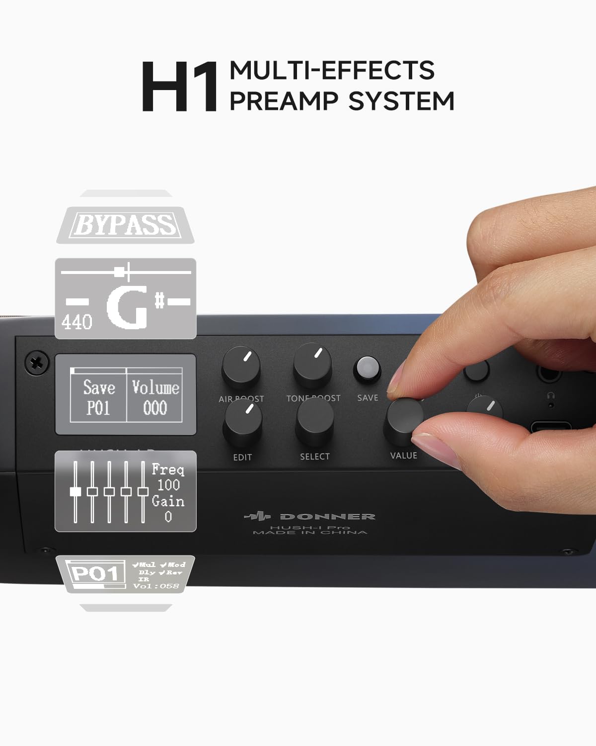 Donner Chitarra Acustica Elettrica HUSH I PRO Chitarra da Viaggio con Multiple Modalità di Effetto Smart Kit Guitarra di Auricolari, Gig Bag, Tracolla, Cavo di Ricarica, Nero