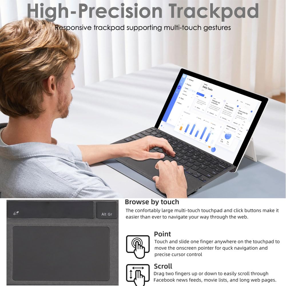 TECHGEAR Surface Pro Clavier pour Microsoft Surface Pro 11/10/9/8/X Clavier Bluetooth sans fil fin Rétroéclairage 7 couleurs Pavé tactile Multi-Touch de précision QWERTY