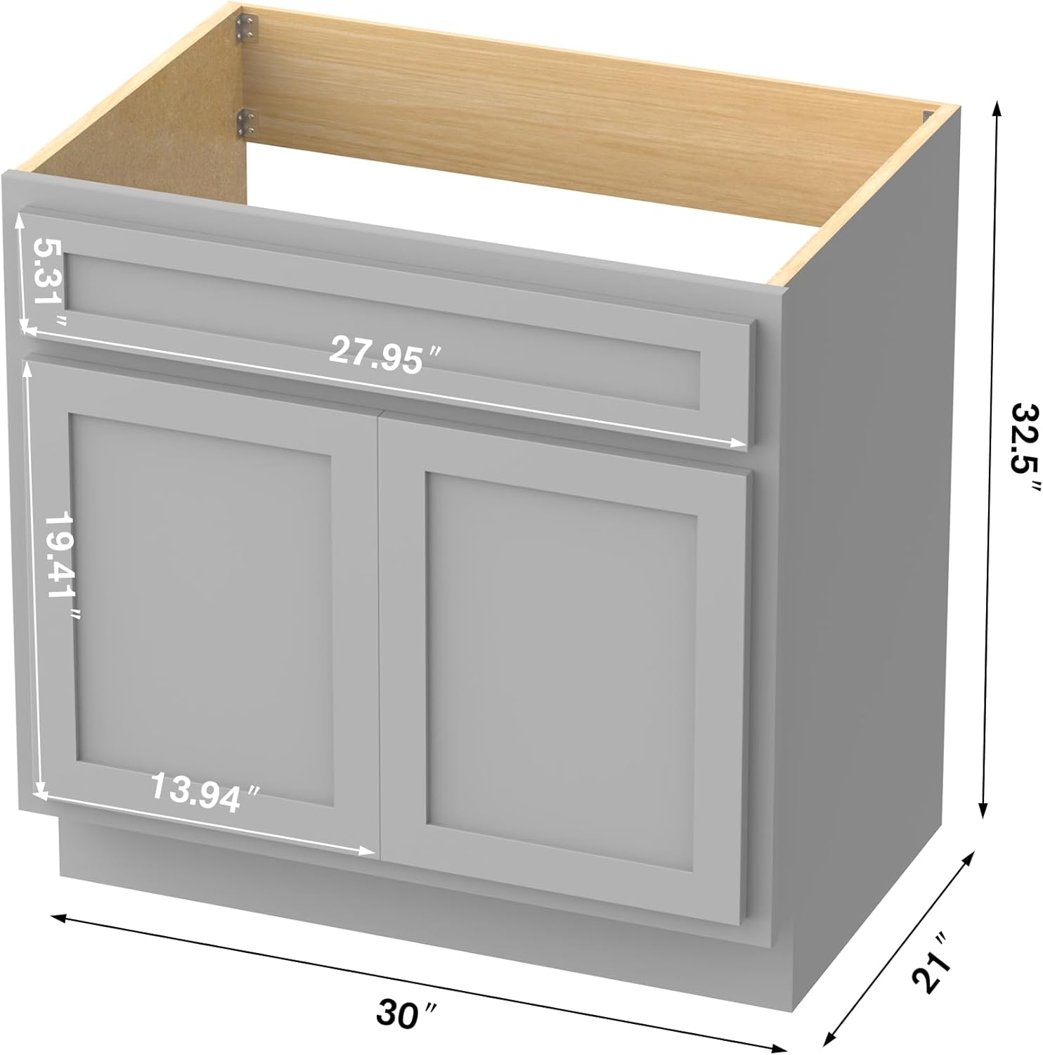 HOMEBEYOND 30 Inch Bathroom Vanity Base Only, Single Vanity Cabinet with Double Soft Closing Door, Composable Floor Mount Cabinets Without Top, Gray
