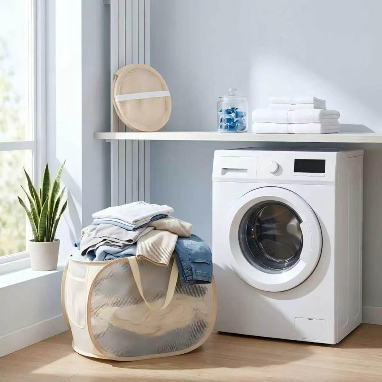 Collapsible Laundry Baskets, Pop Up Mesh Hamper with Side Pocket
