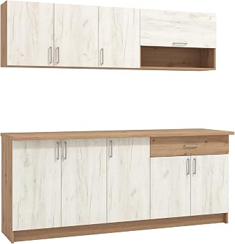 Homestyle4u Kitchen Unit 200 cm without Electrical Appliances – Modern Kitchen Cabinet with Lots of Storage Space and Worktop in White and Wood Look – Fitted Kitchen Compact