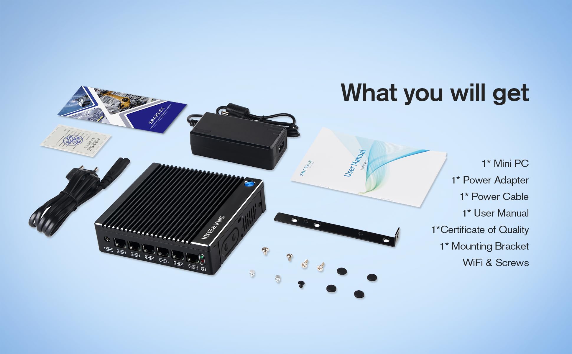 Fanless Micro Firewall Appliance, Firewall Mini PC Intel N3710 4C/4T, 6 x Intel 2.5 GbE i226-V LAN, AES-NI/4K/TYPE-C/SlM Card/TF/HD/Router Netgate 8GB DDR3 128GB mSATA SSD (8G 128G Type-C)
