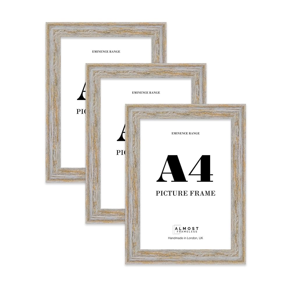A4 Walnut Woodgrain Picture Frame - Rustic Wood Industrial Effect Photo Frame for Wall Display, Ideal for Posters, Prints & Home Décor, Wall Hooks and Kickstand, 32mm Edge - 3 Pack