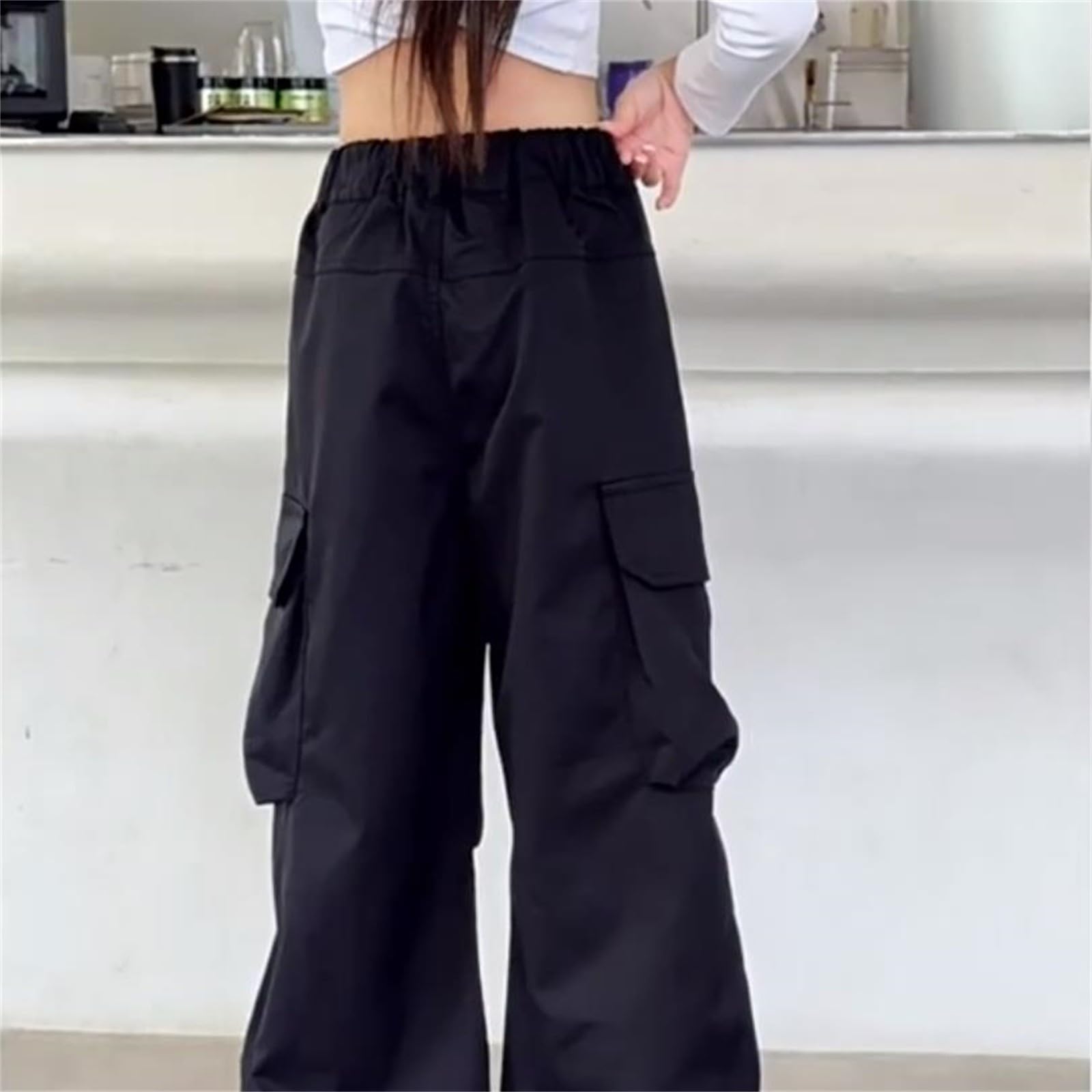 Pantalon cargo à jambe large avec poches pour filles - Taille élastique - Pantalon d'école tendance - Taille haute - Droit - Ample - Style hip-hop uni, Noir , 11-12 ans