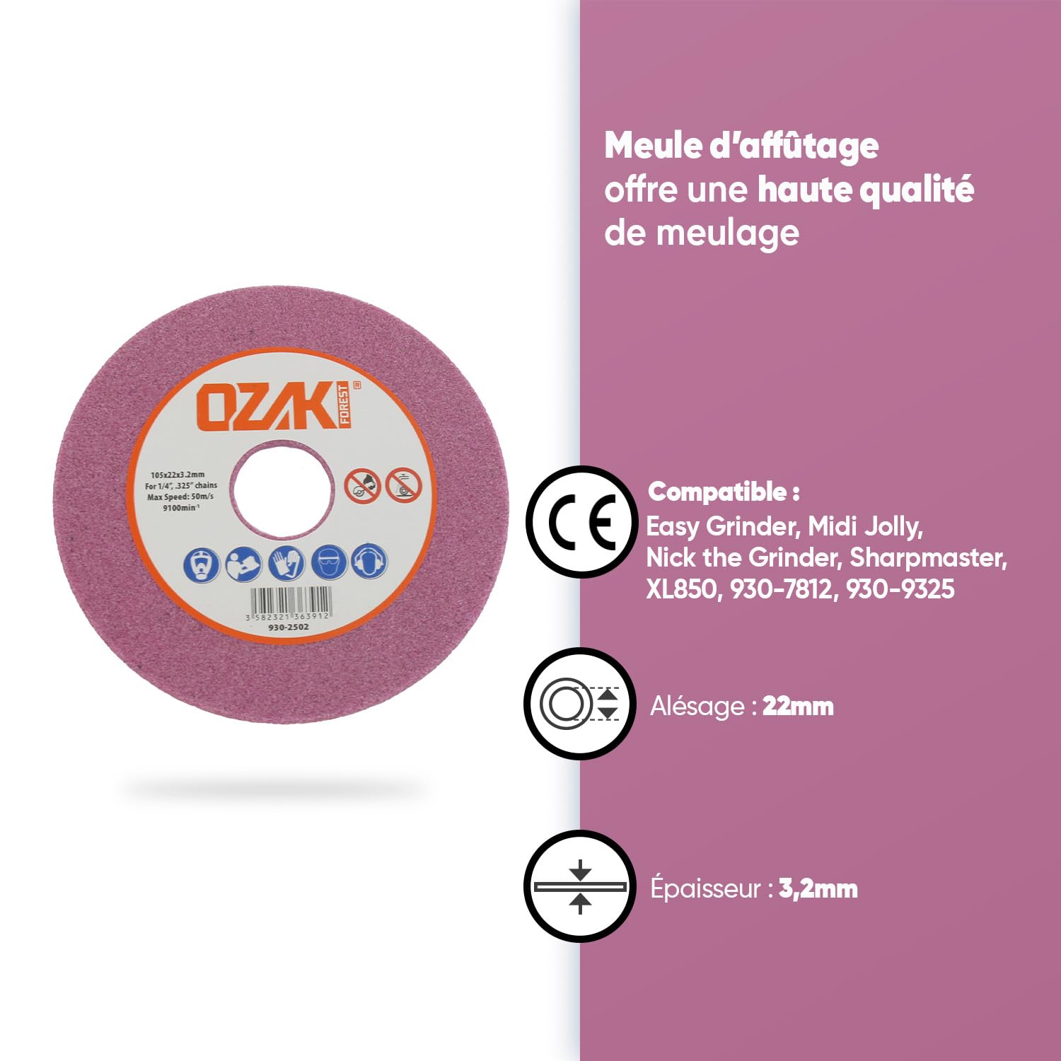 OZAKI - Mola Affilatura Di Ricambio - Ø ext. 100 mm, foro 22 mm, spessore 3,2 mm, per catene da 1/4", 0,325", per macchine Easy Grinder, Midi Jolly, Nick The Grinder & 9307812