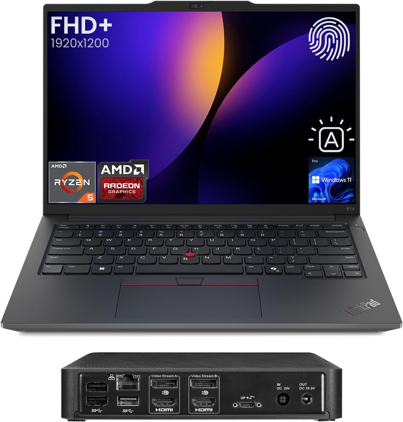 Lenovo ThinkPad E14 Gen 6 Business Laptop, 14" FHD+ Display, AMD Ryzen 5 7535U, 16GB DDR5 RAM, 512GB SSD, Fingerprint, Backlit, Wi-Fi 6, Windows 11 Pro, Bundle with Targus USB-C 100W Docking Station