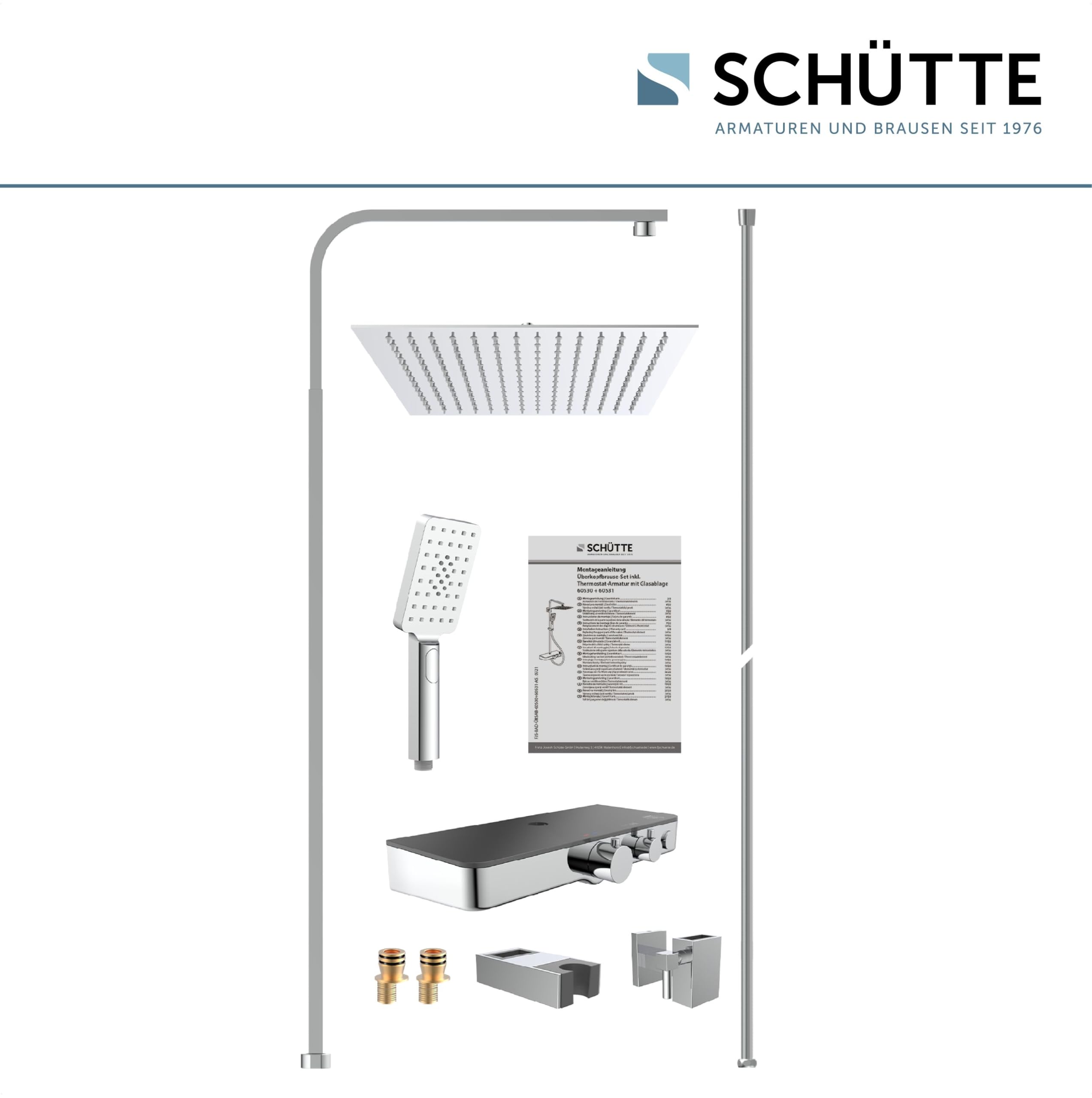 SCHÜTTE OCEAN 60531 system prysznicowy z termostatem i szklaną półką, 30 x 30 cm, deszczownica z uchwytem ściennym i panelem prysznicowym, kolumna prysznicowa w kolorze chromowym/antracytowym