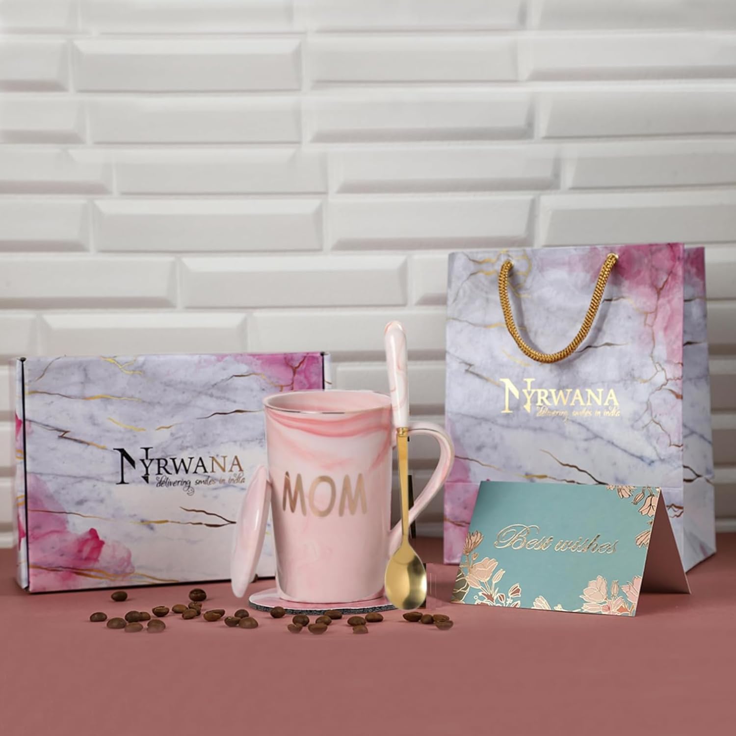 NYRWANA Coffee Mug, Gift for Woman, Mugs for Present, Present Items for Women, Ceramic Mug, Gift for Mom, Best Present for Women, Cute Mugs, Mug with Spoon, Box & Bag (400ml-Pink)