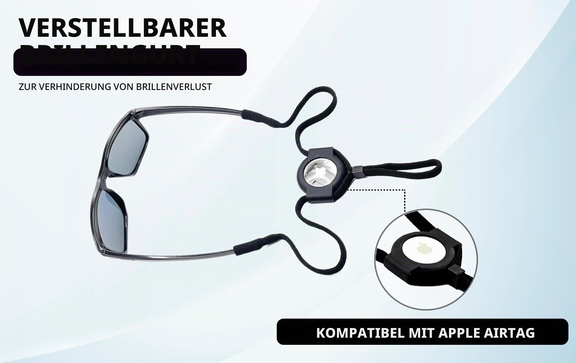 Brillenband - Sonnenbrillenband mit Halterung kompatibel mit AirTag Tracker - Verstellbarer Brillenband zur Vermeidung von Brillenverlust - Sonnenbrillen-Lanyards (Schwarzes Sportband), Schwarz,