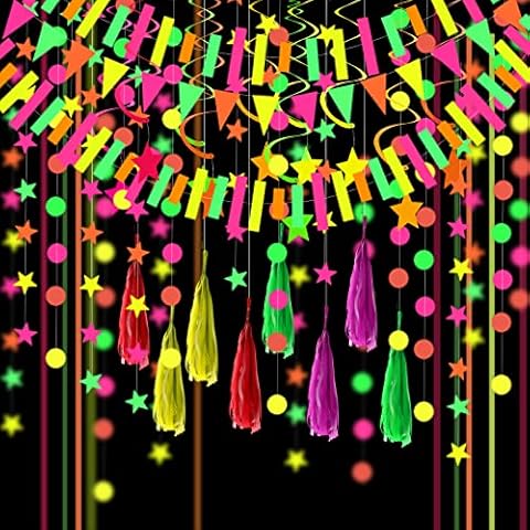 38 Set Glow in The Dark Party Supplies Neon Streamers Garlands Kit Blacklight Reactive Luminous Neon Tape Florescent Backdrop Crepe Paper Roll Circle Dots Tassel and Pennant Banner for Birthday Party Cover
