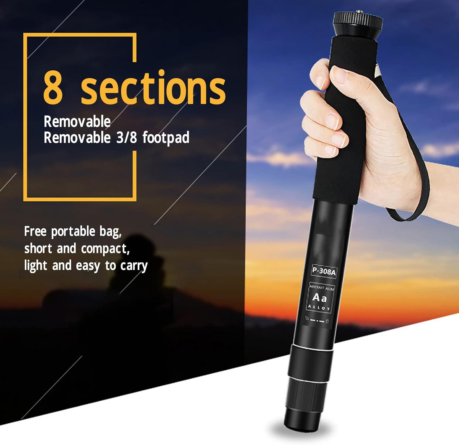 63Inch Camera Monopod, P308A 8 Sections Telescopic Video Monopod with Feet, Portable Travel Selfie Stick, Telescopic Extension Pole, Hiking Stick Monopod