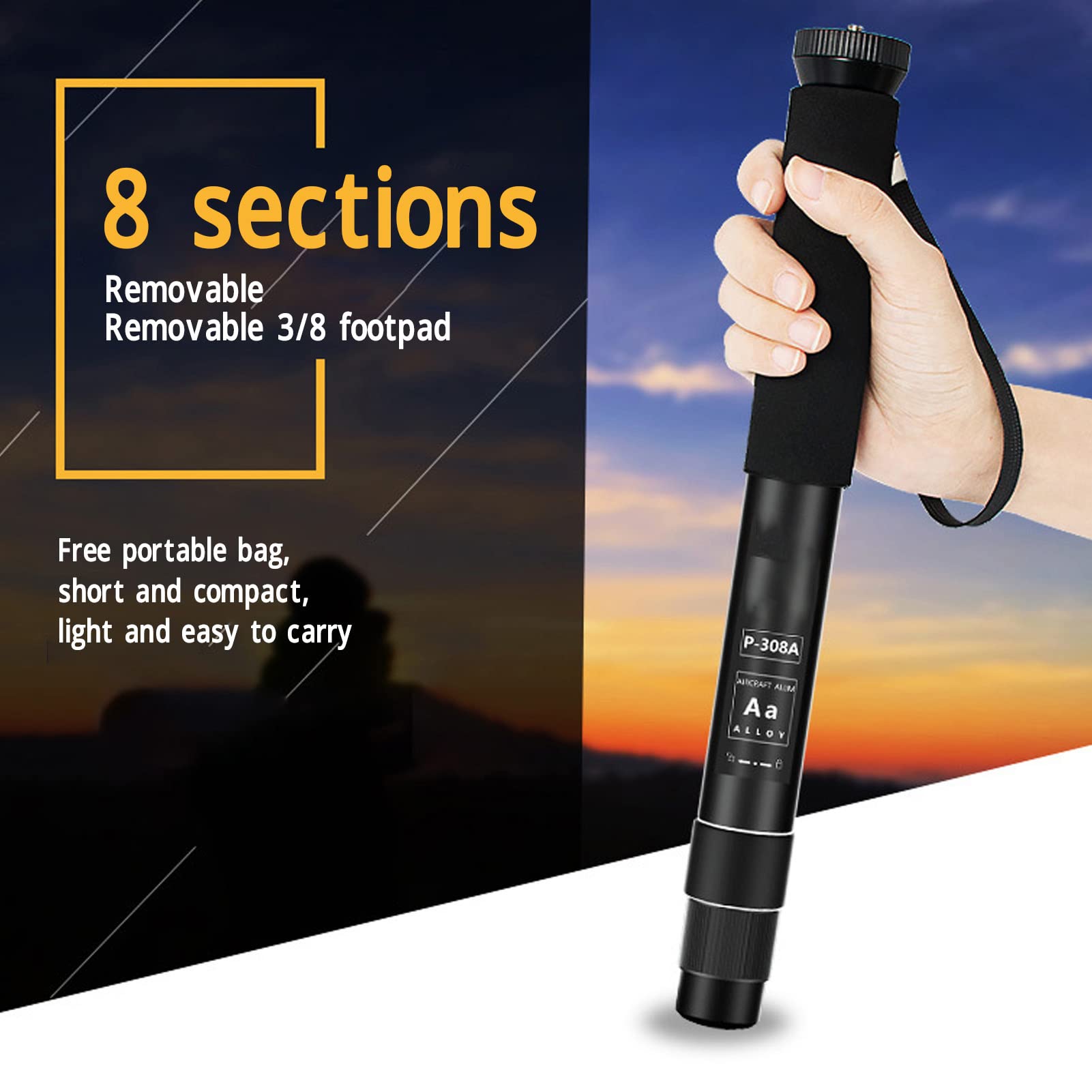 Monopié de Cámara, monopié Extensible Ligero de 8 Secciones, monopié de Fotografía de Aleación de Aluminio para Selfie de Cámara para Cámara DSLR, Senderismo Camping