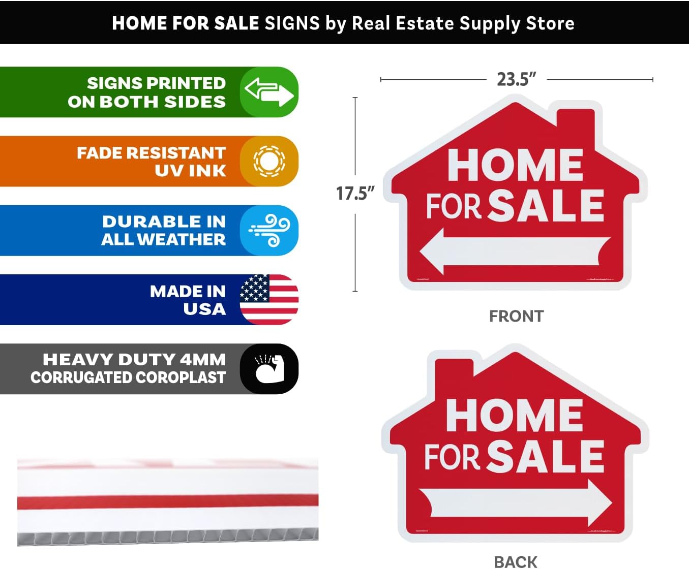 Home For Sale with Arrow Sign Kit, Die Cut House Shape and Yard Stands, Durable Corrugated Coroplast, UV Ink, Real Estate Agent Supplies, 18x24 Signs + Yard Stakes (Red - Home For Sale (2)