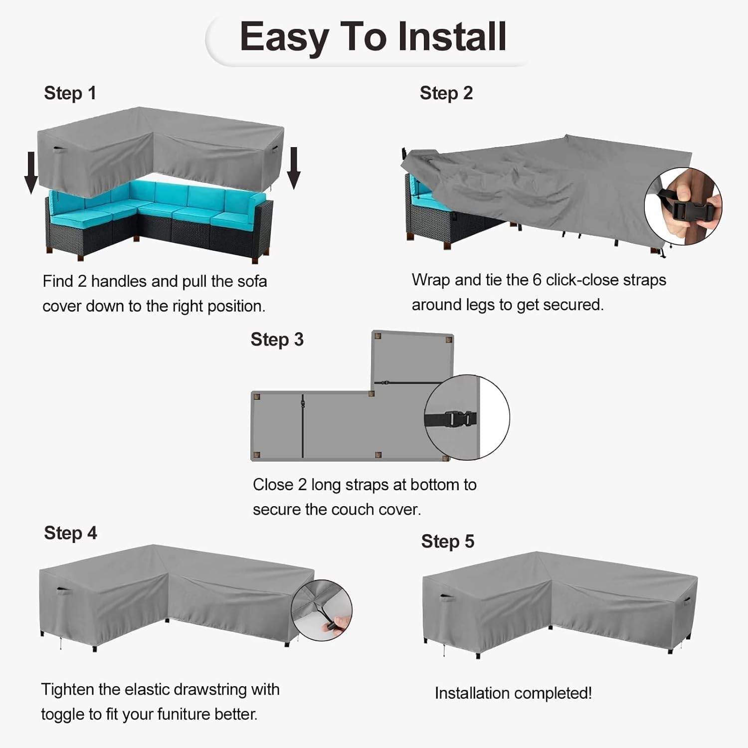Patio Furniture Cover Waterproof – Outdoor Sectional Sofa Slipcover, Heavy Duty Oxford L-Shape/V-Shape Garden Furniture Cover, Dustproof Windproof Couch Protector(Gray,300 * 300 * 98cm)