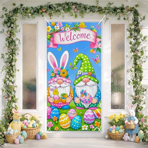 BlissYard Easter Door Cover 70x35 Inch Welcome Bunny Gnome Easter Door Banner Spring Door Decoration for Front Door Porch Entryway Easter Party Decor