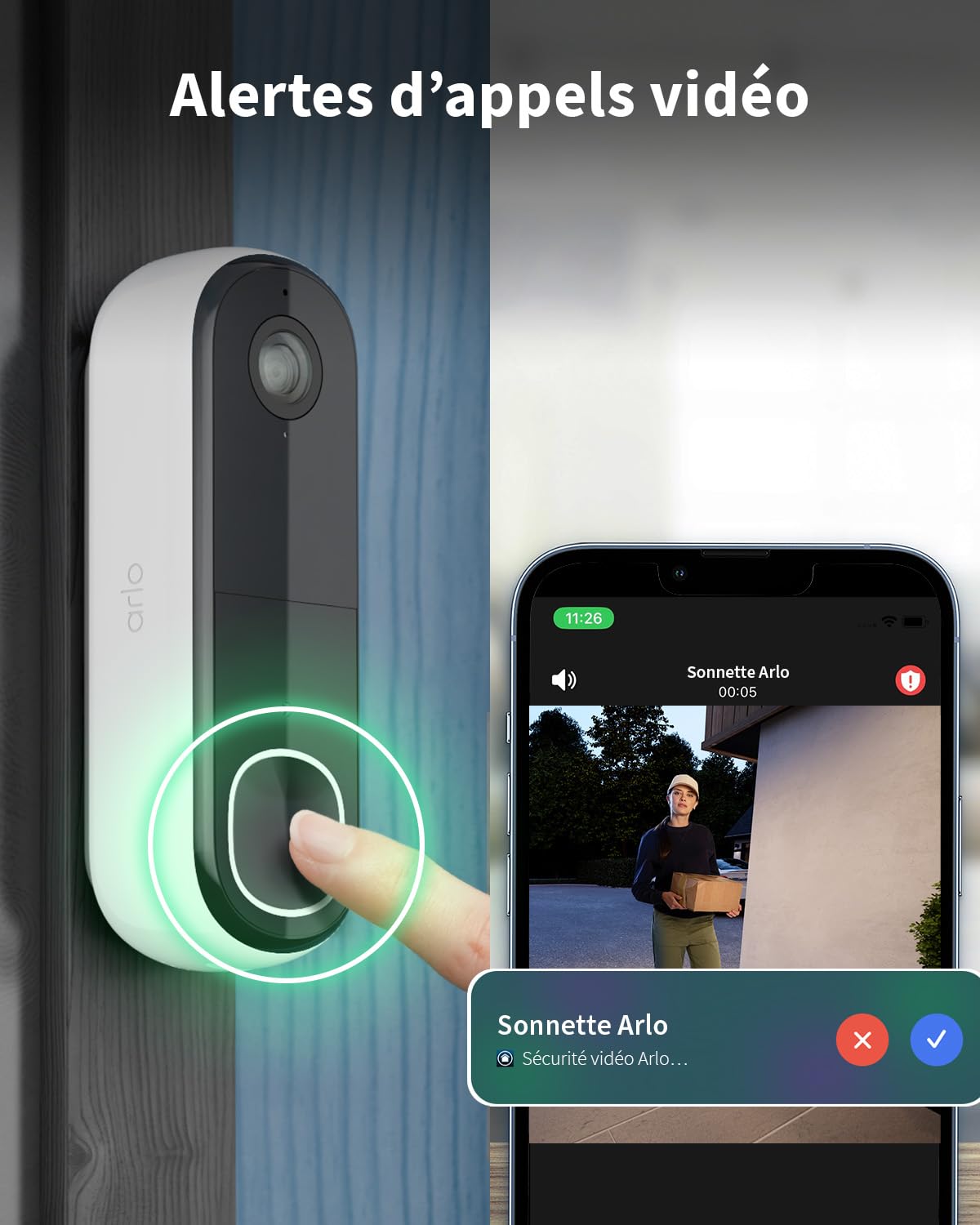 ARLO Sonnette Vidéo 2K WiFi Extérieure Sans Fil, Détection IA, Vision Nocturne Couleur, Audio Bidirectionnel, Compatible Alexa