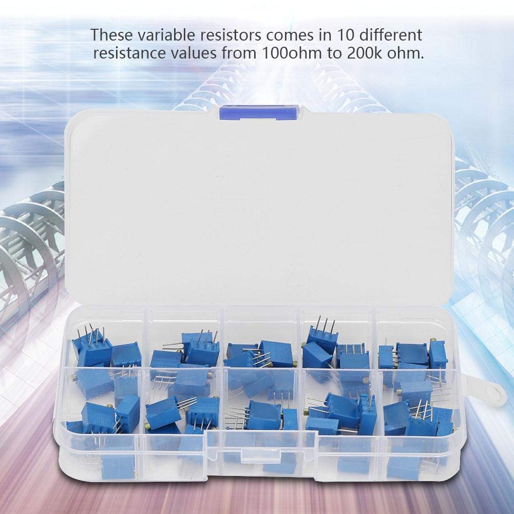 Produktbild von Walfront 50 Stück Multiturn Trimmer Potentiometer Sortiment Kit 3296W, 100/200/500/1k/2k/5k/10k/20k/100k/500k Ohm, Verstellbarer Trimmerwiderstand, Blau, Manuell, Drehbar
