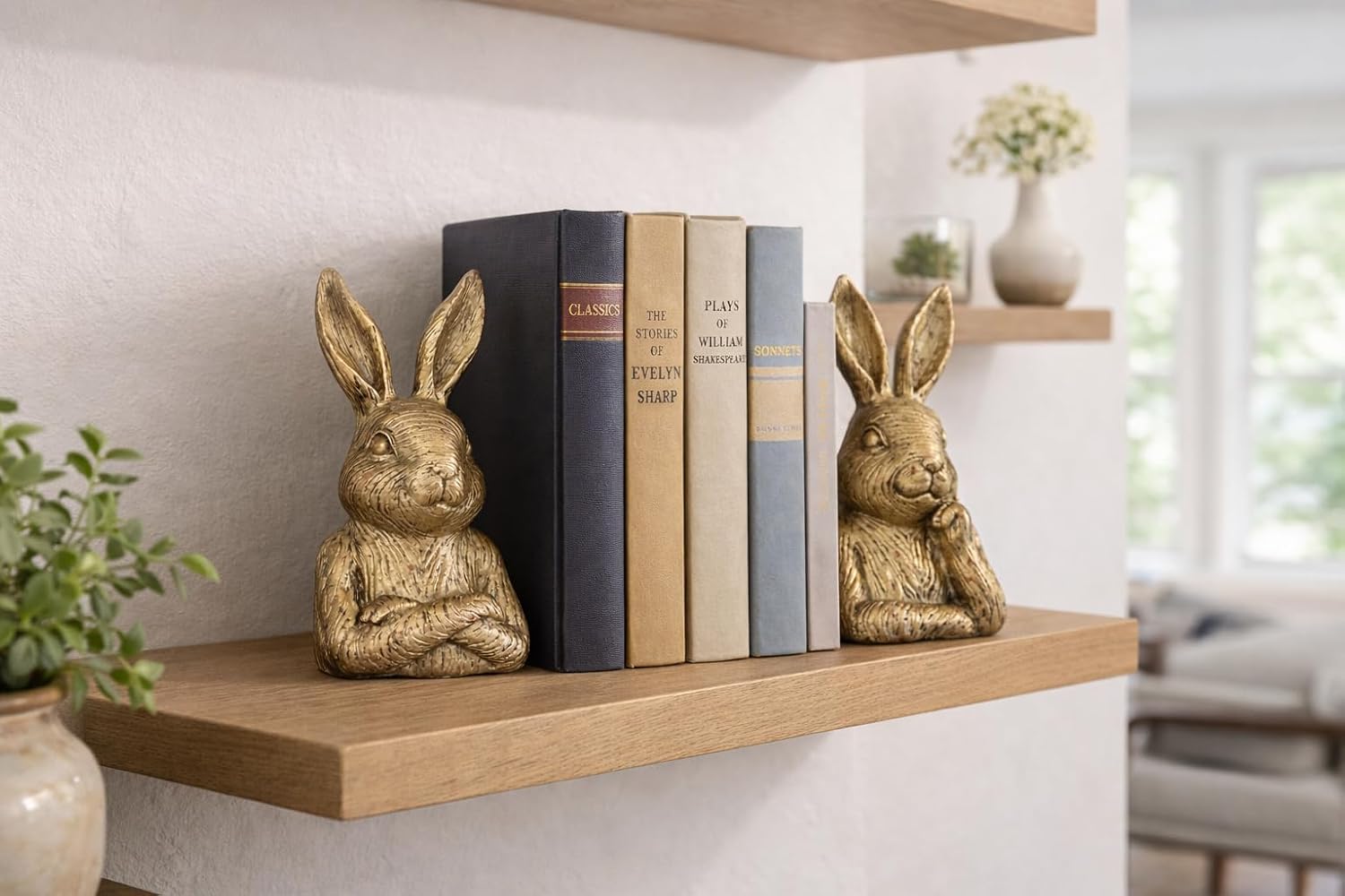 The Bridge Collection Antique Inspired Bunny Bookends – Modern Metallic Rabbit Decor for Spring Shelves and Easter Styling – Decorative Bunny Bookends
