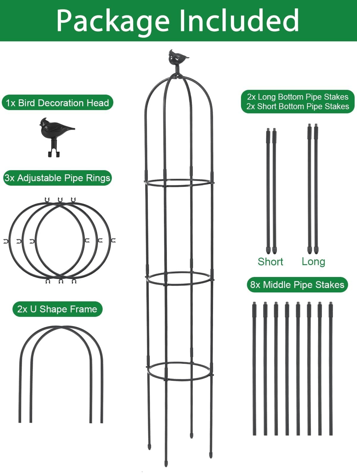 TOROKOM Obelisco de Jardín,183 cm Soporte Metálico Antioxidante para Plantas Trepadoras, Torre de Obelisco Resistente para Flores, Rosas, Enredaderas, Uso Interior y Exterior(Negro)
