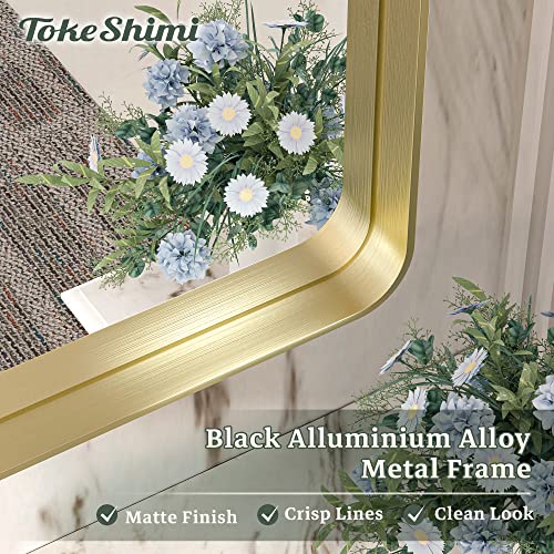 Tokeshimi Gold Bathroom Mirror For Wall 36 X 30 Inch Metal Rounded Corner Rectangle Mirror Metal Frame Deep Set Design Hangs Horizontal Or Vertical #TOP2