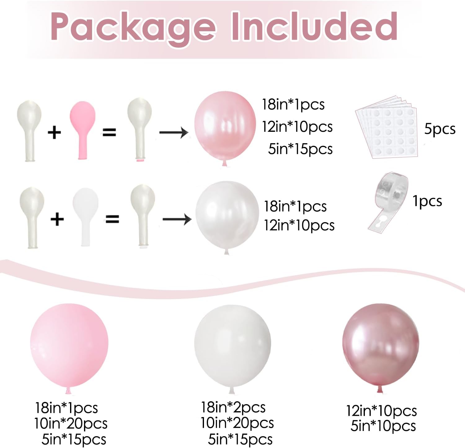 Pink and White Balloons Arch Kit, Double Stuffed Pastel Pink Balloon Garland Include Light Pearl Pink White and Metallic Pink Balloons for Coquette Wedding Birthday Party Bridal Shower Decorations - Image 2