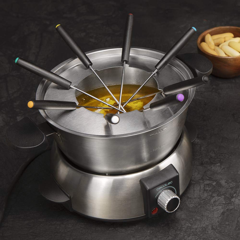 Cecotec elektisches FunGourmee Fondue aus rostfreiem Stahl für 8 Personen, einstellbare Temperatur, 1000 W, mit 8 Spießern, für Käse, Schokolade und Öl
