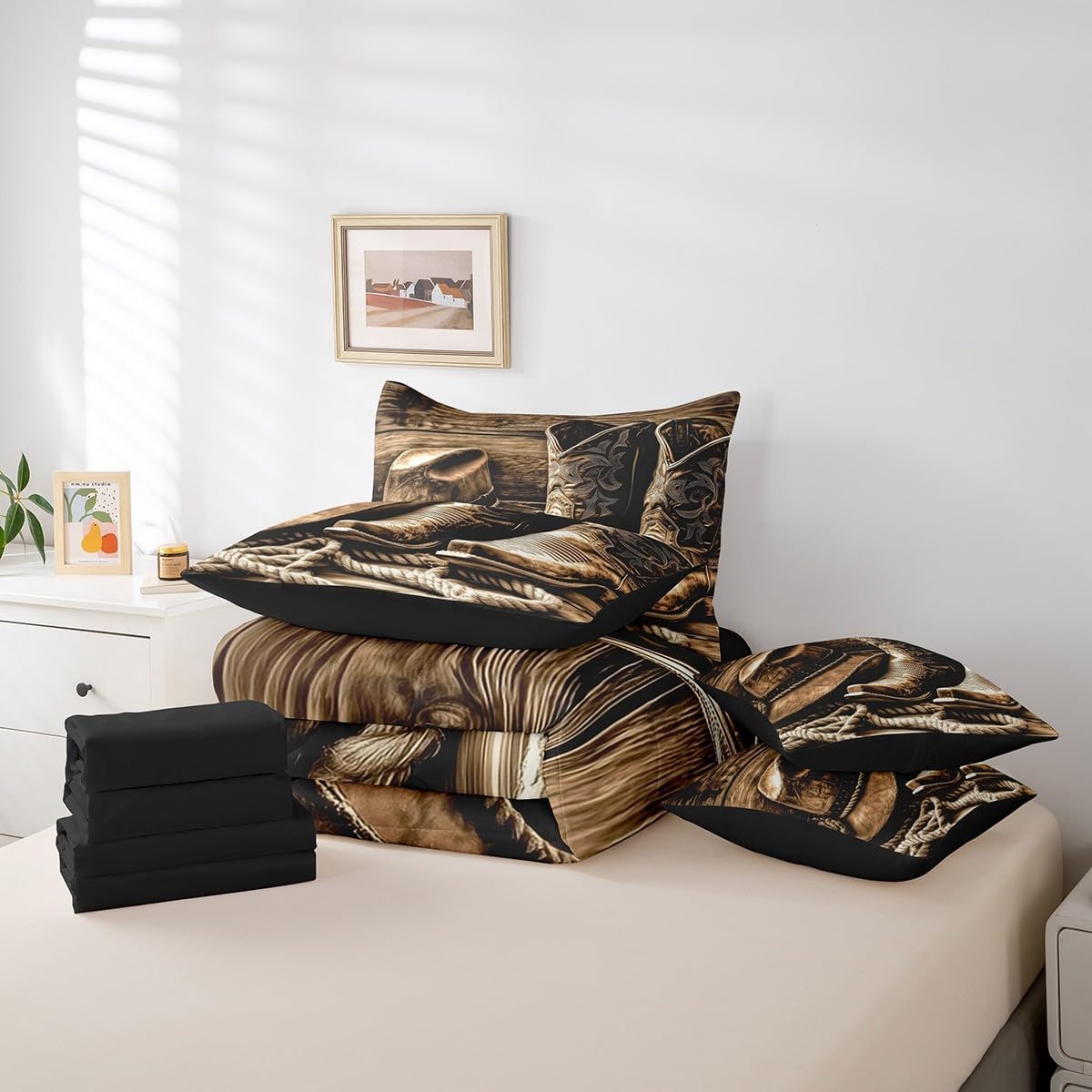 jejeloiu Western Decor Comforter Set with Sheets Full Size Kids West Cowboy 7 Pieces Bedding Set for Boys Girls Teens Rodeo Cowboy Style Bed in a Bag Breathable Hat Boot Bed Set Room Decor - Image 6