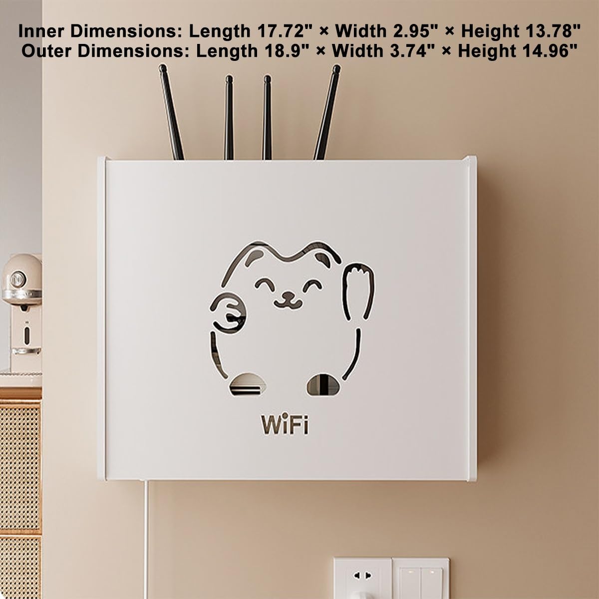Support Mural pour Routeur, Rangement Box Internet avec Design Chat Porte-Bonheur, Cache Modem WiFi pour Gestion des Câbles, Blanc(18.9"x 3.74"x14.96")