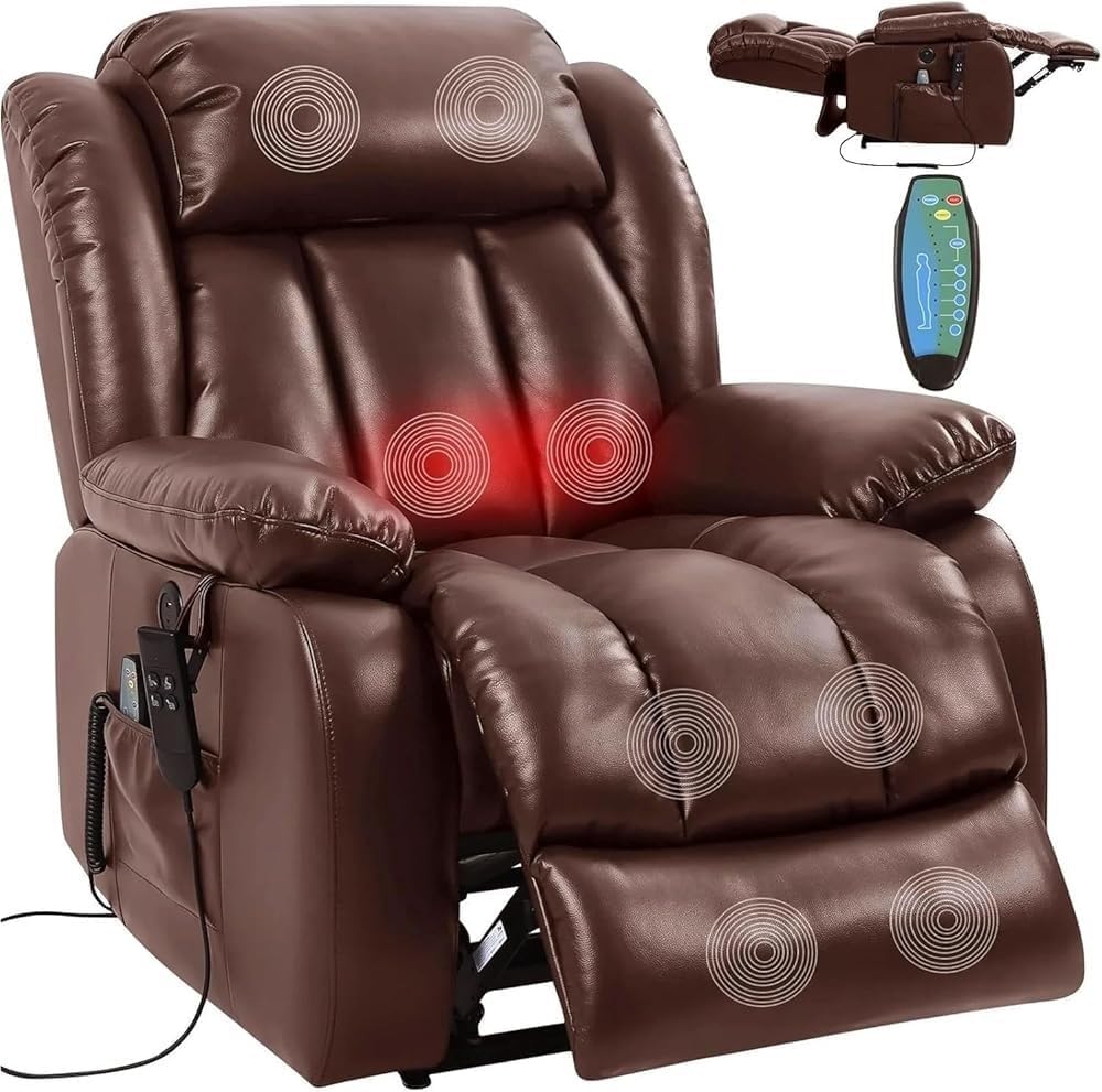 Genuine Leather Electric Lift Recliner Chair with Heating Massage Infinite Position Stand Assist USB Ports Comfortable Seating for Elderly