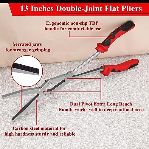 LEONTOOL 13" Long Flat Nose Serrated Jaw Dual Pivot Extra Long Reach Compound Action with TPR Handle Double-Joint Flat for Hard to Reach Narrow Spaces - Image 2