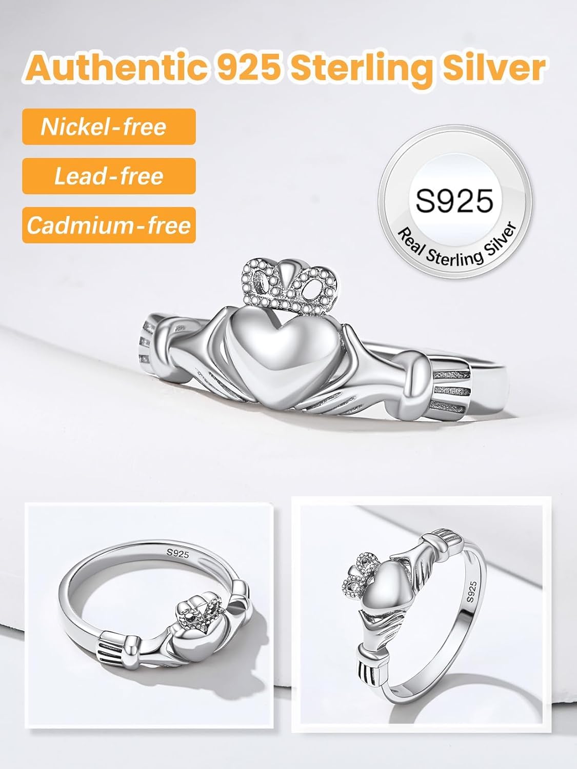 Bestyle 925 Sterling Silver Ring for Women, Minimalist Claddagh Ring Celtic Knot Ring for Women, Irish Promise Wedding Band, Gold/Rose Gold Vermeil Women Band Ring, Stackable, Gift for Her - Image 2