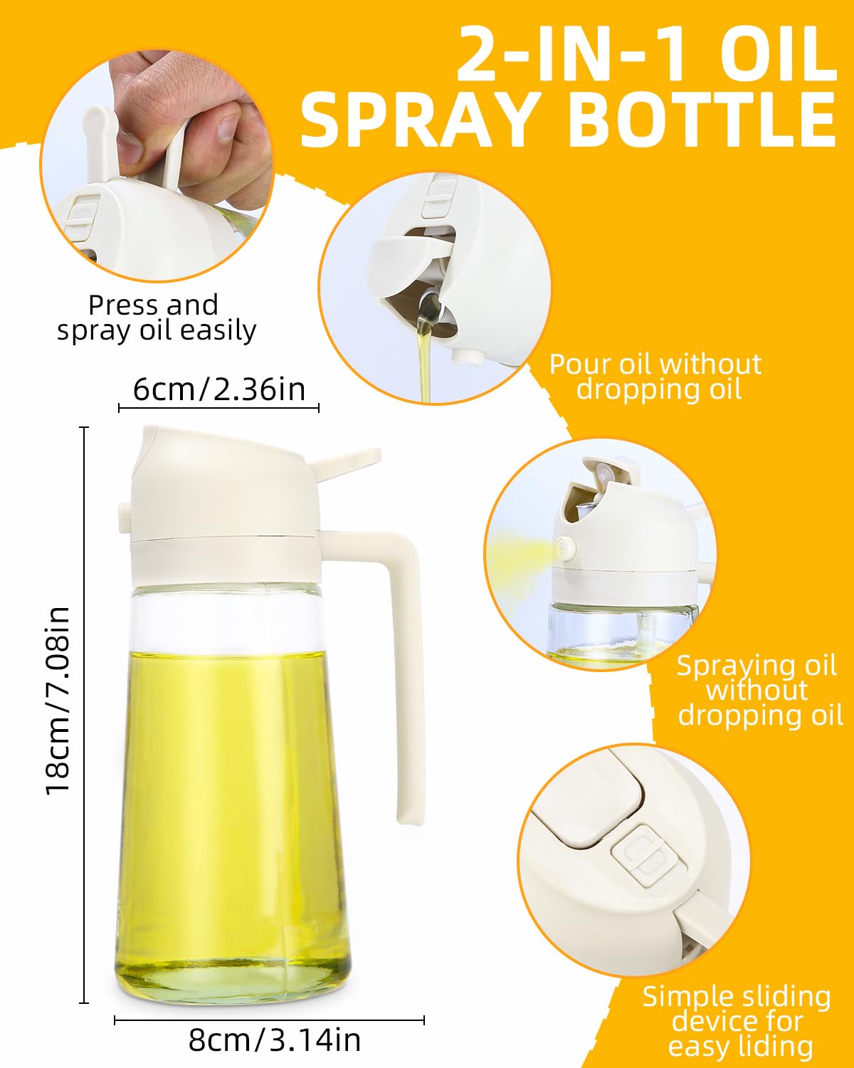 Blendura - Aceitera Spray 2 En 1 De 470 Ml, Vidrio Con Boquilla Anti-goteo - Para Freidora De Aire, Ensaladas, Parrilla