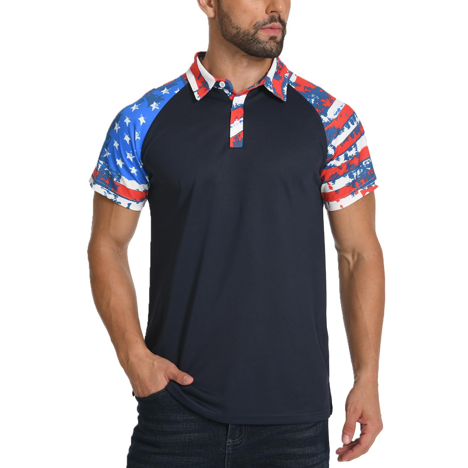 H HYFOL Short Sleeve Polo Shirts for Men Star Patchwork Graphic Stretch Casual American Patriotic Raglan Golf Polos for Men(Blue,XL)