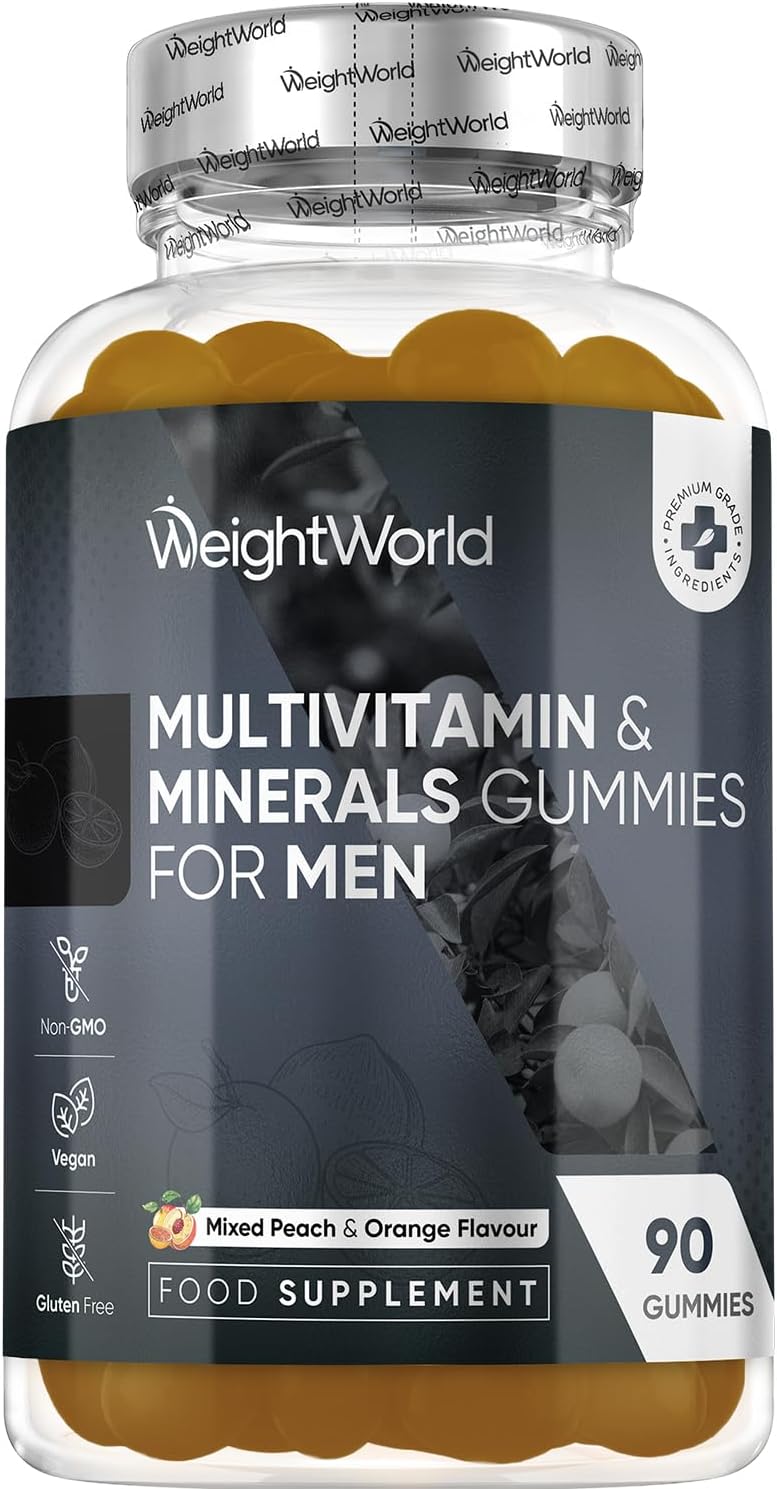 Multivitamin Gummies for Men | 90 Vegan Gummies | with Added Herbal Extracts Like Maca, Panax Ginseng | 8 Multivitamins and 4 Minerals | Mixed Peach & Orange Flavour | Gluten-Free & Non-GMO