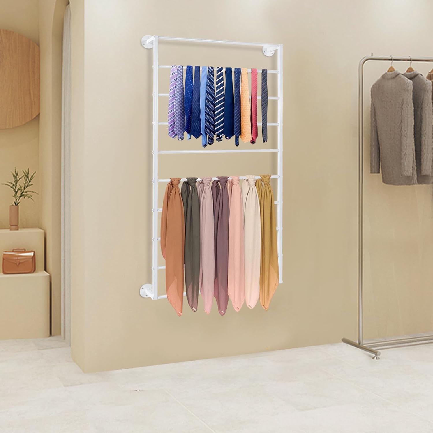 10 Tiers Wall Mounted Scarf Rack, Metal Tie & Scarf Wall Display Rack with Detachable Crossbar, Belts Towels Storage Rack, Silk Scarves Holder, Wrapping Ribbon Organizer