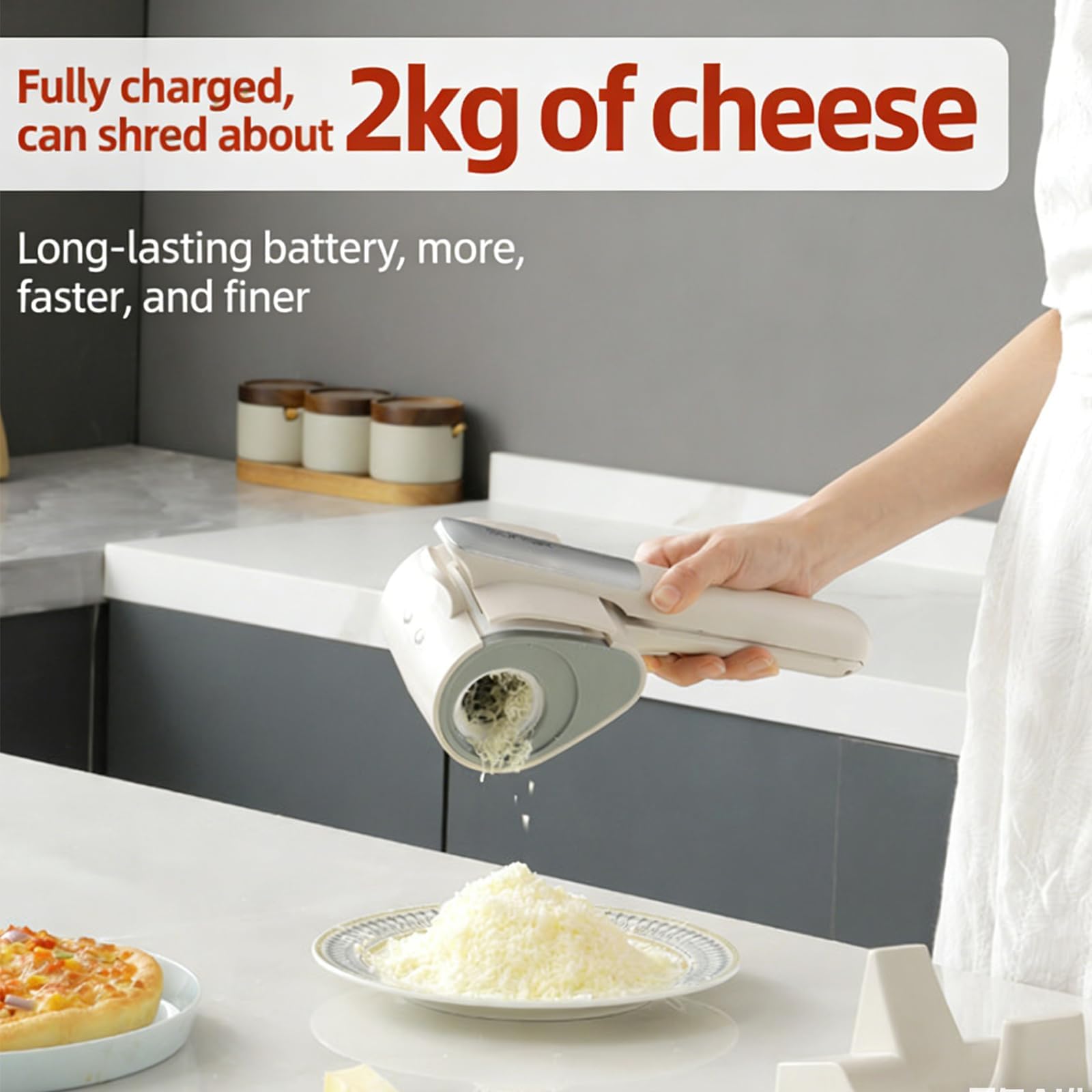 Kabellose elektrische Käsereibe, Handheld Rotary Slicer Shredder mit 2 Trommeln, Wiederaufladbare Automatische Reibe für Käse, Gemüse, Nüsse, Schokolade, 2 kg pro Ladung