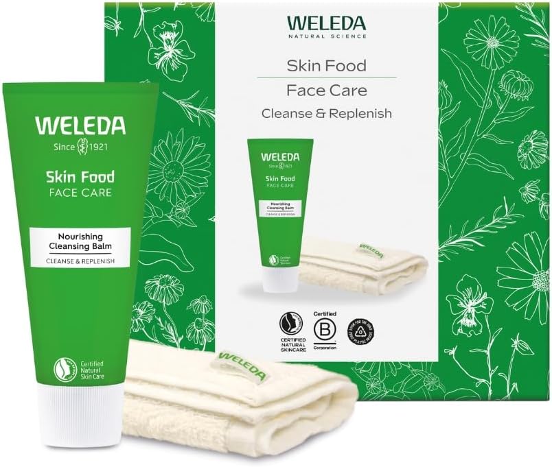 Weleda Skin Food Face Care Gift Set with Cleansing Balm & Wash Cloth | Includes Skin Food Nourishing Cleansing Balm, Organic cotton wash cloth, Daily Cleansing Ritual Card, Vegan gift set