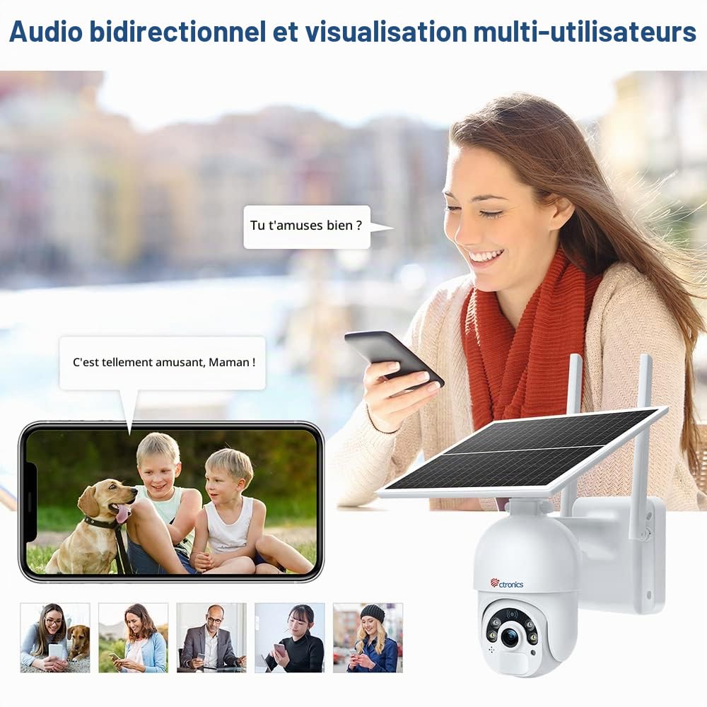 Ctronics 6W Panneau Solaire Caméra Surveillance Extérieure, 2K 3MP, Vision Nocturne Couleur 30m & Spotlight, PC/APP, FTP/Cloud/128Go, PIR Détection Mouvement, Audio Bidirectionnel, IP66