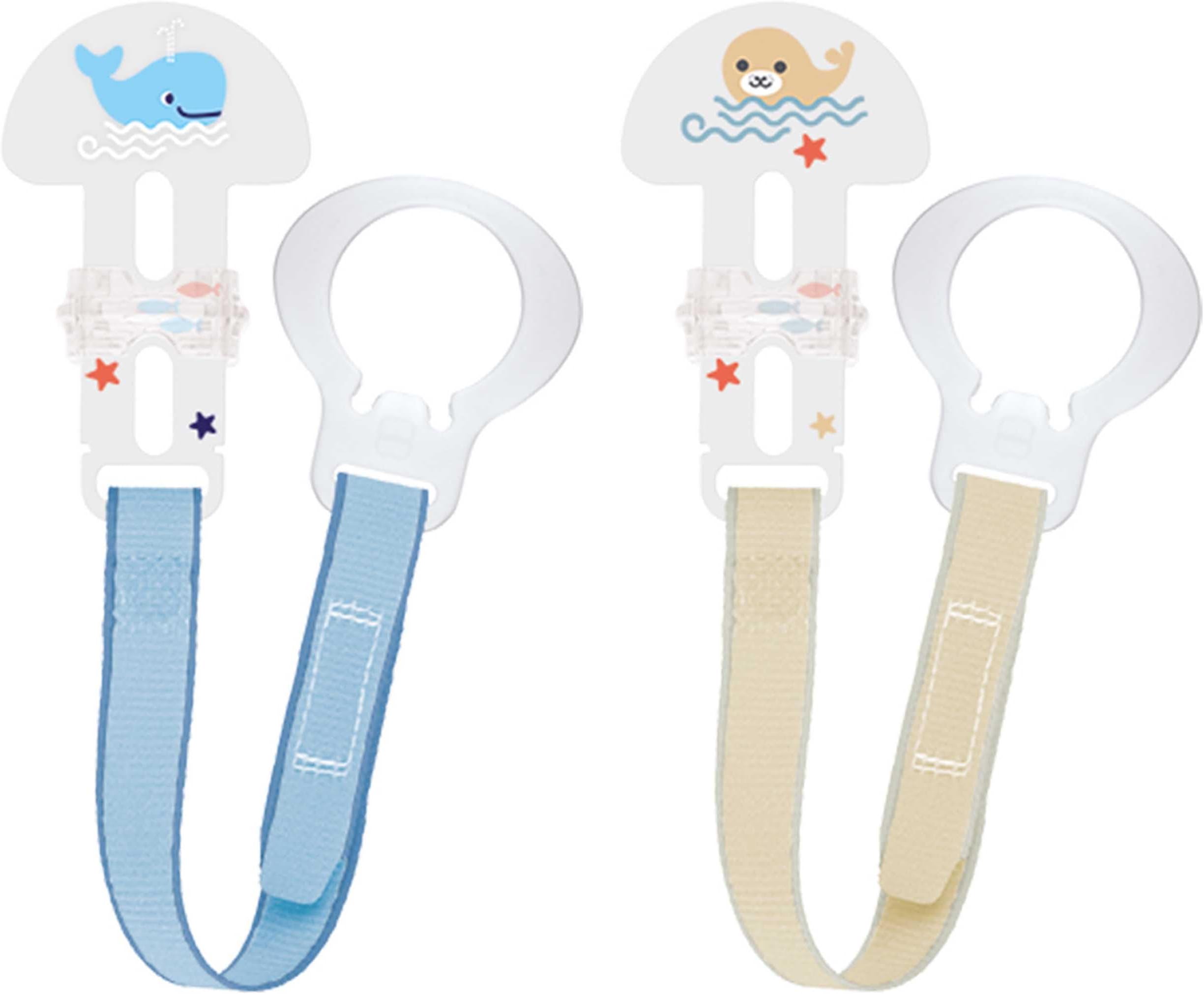 MAM Dummy Clip | 2 Pack | Baby Soother Clips Fit All MAM Soothers | Lightweight Design | Baby Accessories | Blue (Various Designs) | Dummies Not Included