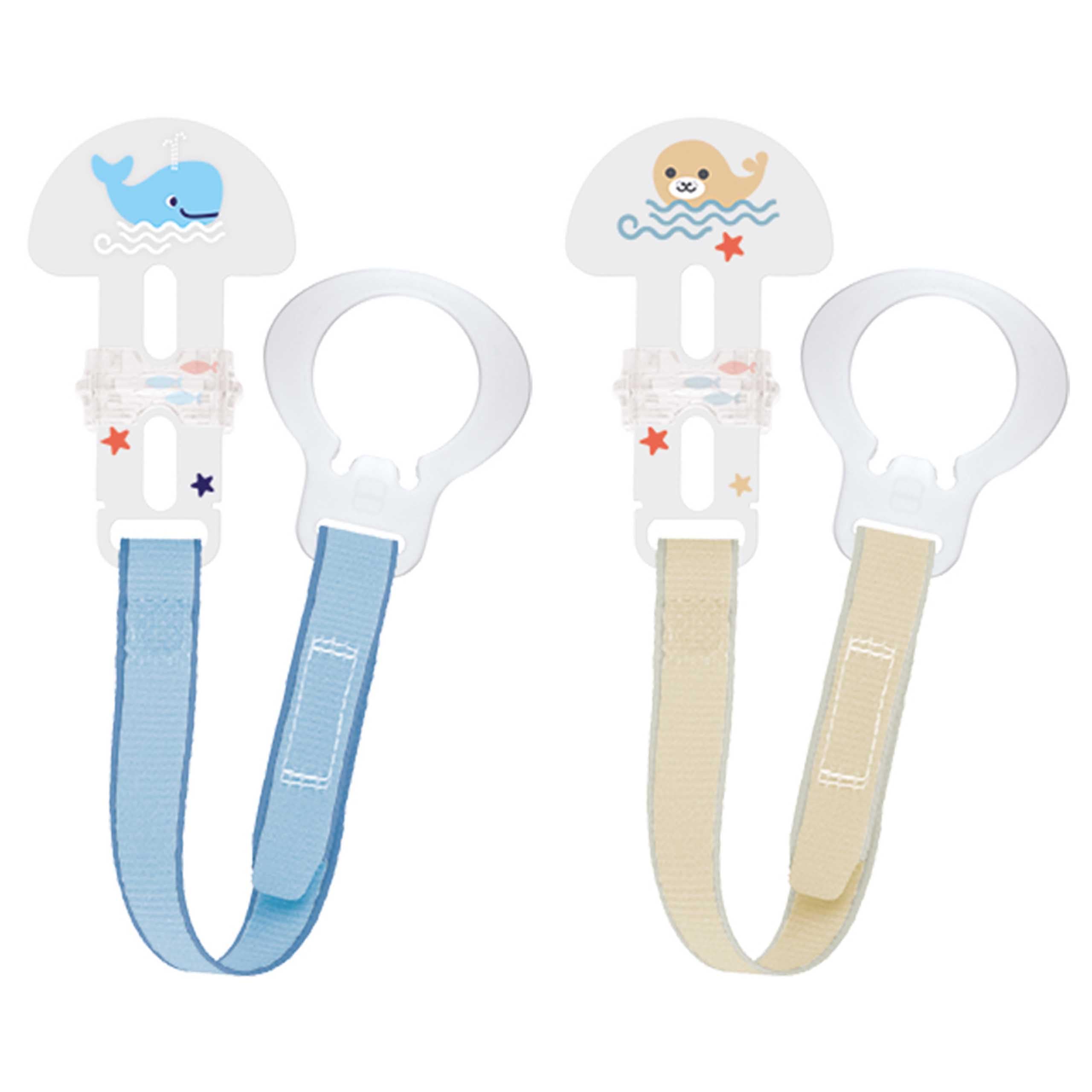 MAM Dummy Clip | 2 Pack | Baby Soother Clips Fit All MAM Soothers | Adjustable Length and Lightweight Design | Baby Accessories | Blue (Various Designs) | Dummies Not Included