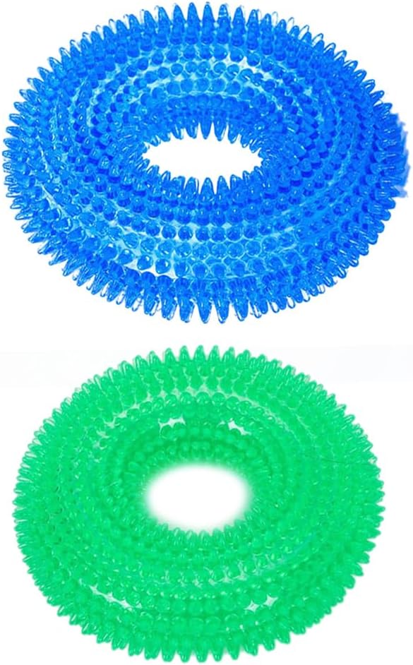Angoily TPR Dog Chew Rings 4.72 Inch - Bite Resistant Round Pet Toys for Molar Teeth Cleaning Interactive Durable Chew Toy for Puppies Water and Weather Resistant 2 Pack Blue and Green