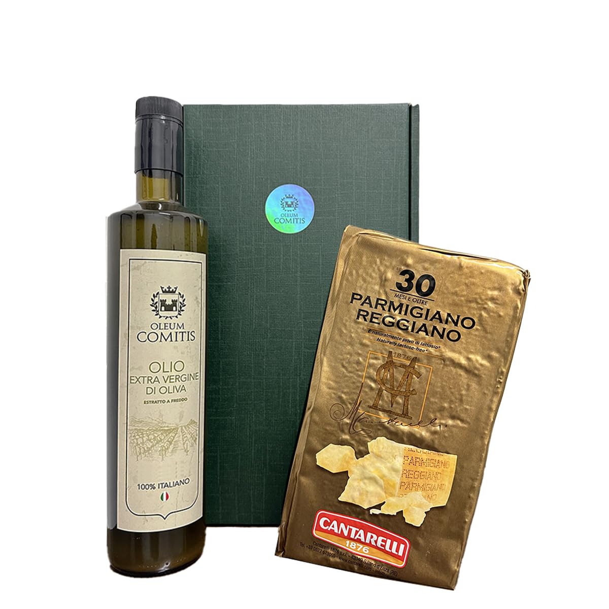 Oleum Comitis - Oliwa z oliwek Extra Virgin - 100% włoski ekstrakt na zimno - opakowanie prezentowe z butelką 750 ml i parmezanem Reggiano Cantarelli 1876, sezonowane, 30 miesięcy, po 1 kg