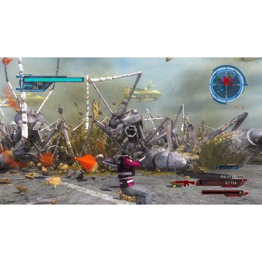 Gameplay screenshot showing an EDF soldier fighting giant insects in a ruined city.