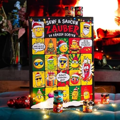Foto von Altenburger Original Adventskalender Feinschmecker mit Gewürzen, Senf und Saucen für Erwachsene mit hochwertigen Feinkost Senfen, Gewürzen und Saucen in liebevoller Handarbeit gefüllt