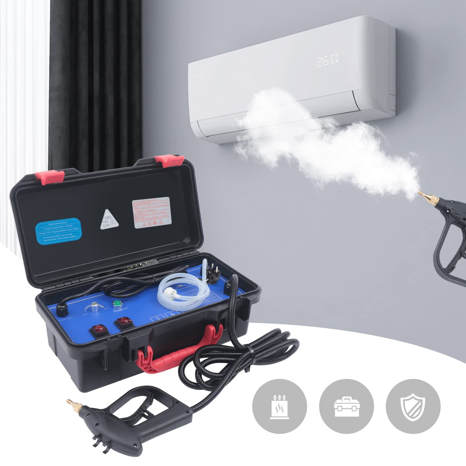 Hochtemperatur Dampfreiniger 3000W 220V Tragbar Hochdruck Steam Cleaner 3-in-1 Reinigungsmaschine mit 3 Modi Dampf, kaltes oder heißes Wasser für Küche Badezimmer Autos Auto Hochdruck