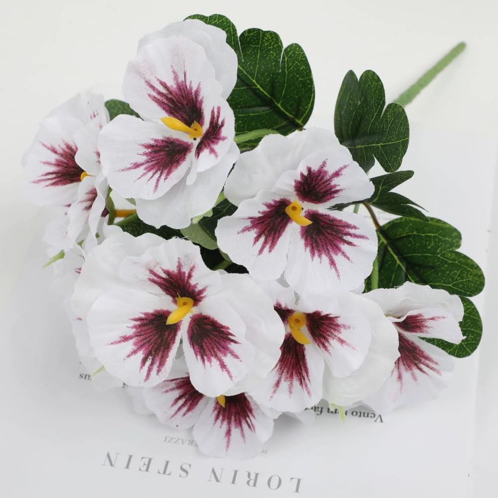 Xshelley 10 Bundles Artificial Pansies Flowers Outdoor UV resistant artificial flower silk wild chrysanthemum outdoor windowsill box porch home garden wedding farmhouse decoration (white) - Image 4