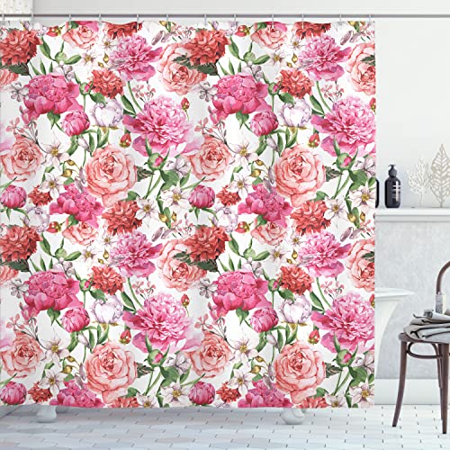 Ambesonne SC_13889_FLOWER_06.11 Watercolor Flower Shower Curtain, Victorian Floral Pattern Painting Style Print With Peonies Roses, Cloth Fabric Bathroom Decor Set cover