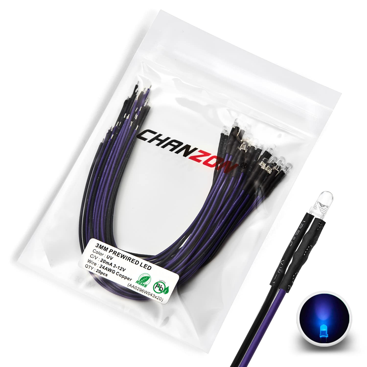 CHANZON Lot De 20 LED RGB Clignotantes Lentes 3mm - Pré-câblées Avec Résistance 560Ω - 12V DC Pour Projets DIY, Clavier, Jouets - 10